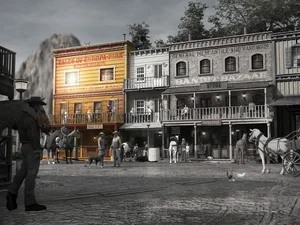 Die Silver Lake City als schwarz-weiß 3D-Skizze, das "Europa-Park Kinderhaus Kleine Helden" wird durch Farbe hervorgehoben.