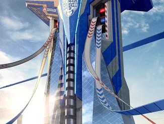 Eine riesige, futuristische Polizeitstation mit Rennstrecken und Garagen für die Alpha Mods P.D. Wägen.