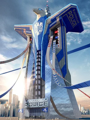 Un immense poste de police futuriste, équipé de pistes de course et de garages pour les véhicules Alpha Mods P.D.