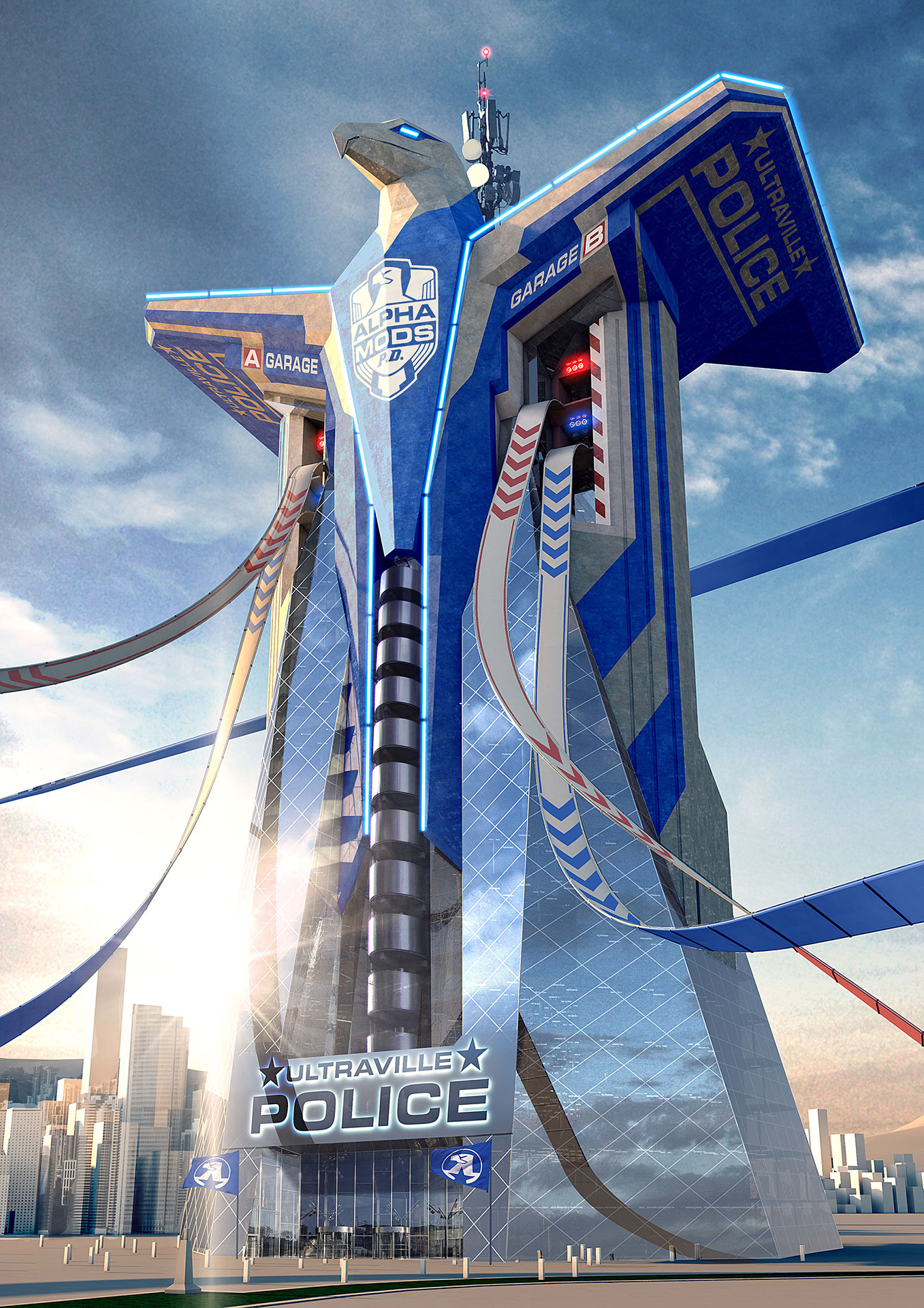 Eine riesige, futuristische Polizeitstation mit Rennstrecken und Garagen für die Alpha Mods P.D. Wägen.