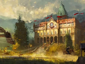 Artwork eines alten Anwesens, links sieht man ein antikes Fluggerät durch die Lüfte gleiten.