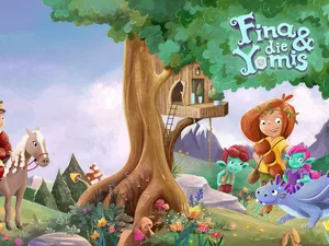 Buntes Buchcover der Kinderbuchreihe Fina & die Yomis.