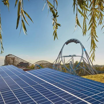 Solarmodule auf einer Wiese, im Vordergrund ein Baum, im Hintergrund die Silhouette des Europa-Park.