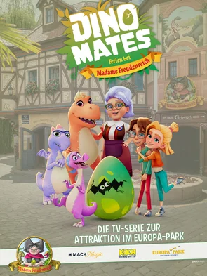 Offizielles Keyvisual der Kinderserie DINO MATES – Ferien bei Madame Freudenreich auf KiKA.