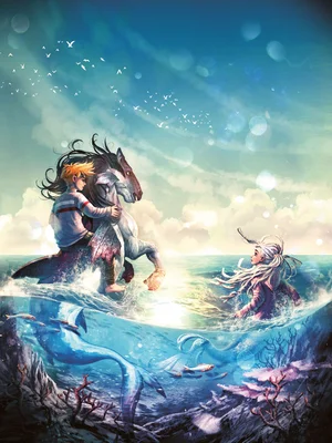 Die beiden Hauptcharaktere der Buchreihe "Rulantica Saga" Aquina und Mats schwimmen im Meer.