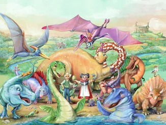 Artwork: Madame Freudenreich, ihre Enkel und neben ihnen ganz viele unterschiedliche Dinos.