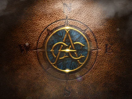 Alter Ledereinband mit dem ikonischen Logo des Adventure Club of Europe (A, C und E ineinander verschlungen).