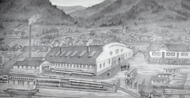 Die historische Wagenfabrik Mack mit dampfendem Schornstein, beladenen Wagen, Holzstämmen und Pferden inmitten einer Berglandschaft.