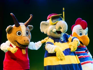 Die Maskottchen des Europa-Park Böckli, Olli Eurofant und Louis.