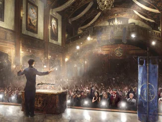 Artwork: Mann steht auf einer Bühne und hält vor einer Vielzahl an Menschen eine Rede.