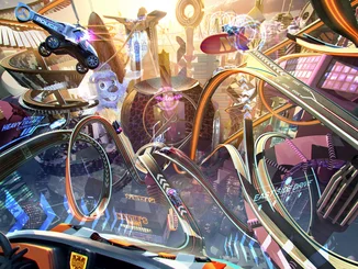 Eine futuristische Stadt mit vielen Rennstrecken.