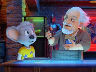 Standbild aus dem 4D-Film "Nachts im Park": Ed Euromaus und Professor Nikolajew betrachten eine geheimnisvolle Statue.