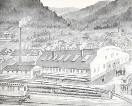 Die historische Wagenfabrik Mack mit dampfendem Schornstein, beladenen Wagen, Holzstämmen und Pferden inmitten einer Berglandschaft.